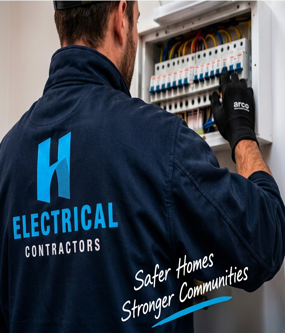 H Electrical Contractors electrician in branded workwear working on a fuse board